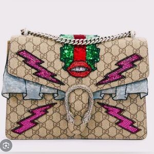 Gucci Brown and Pink Shoulder Bag with Tiger Head Closure
